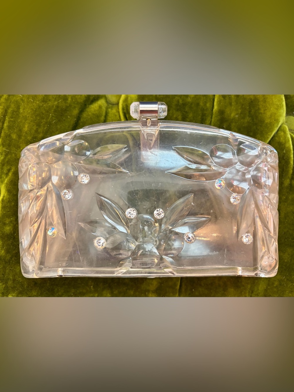 Vintage 1950s Clear Plastic Lucite Clutch Handbag Purse Berry & Rhinestones